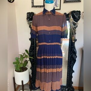 Adorable Navy & Burnt Orange Polka Dot Vintage Midi Dress- Size Medium